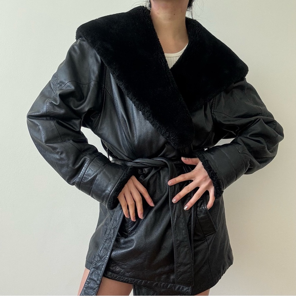 Vintage leather and faux fur hooded jacket